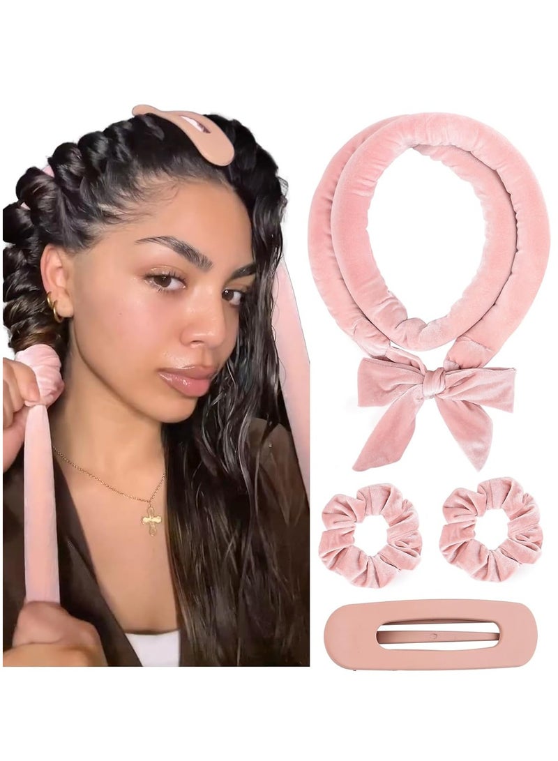 Heatless Hair Curler, No Heat Hair Curlers to Sleep in, Super Soft Ribbon Wrap for Long Hair，Overnight Heatless Curling Set with Hair Scrunchies and Clip, for All Hair types,Pink - Image 1
