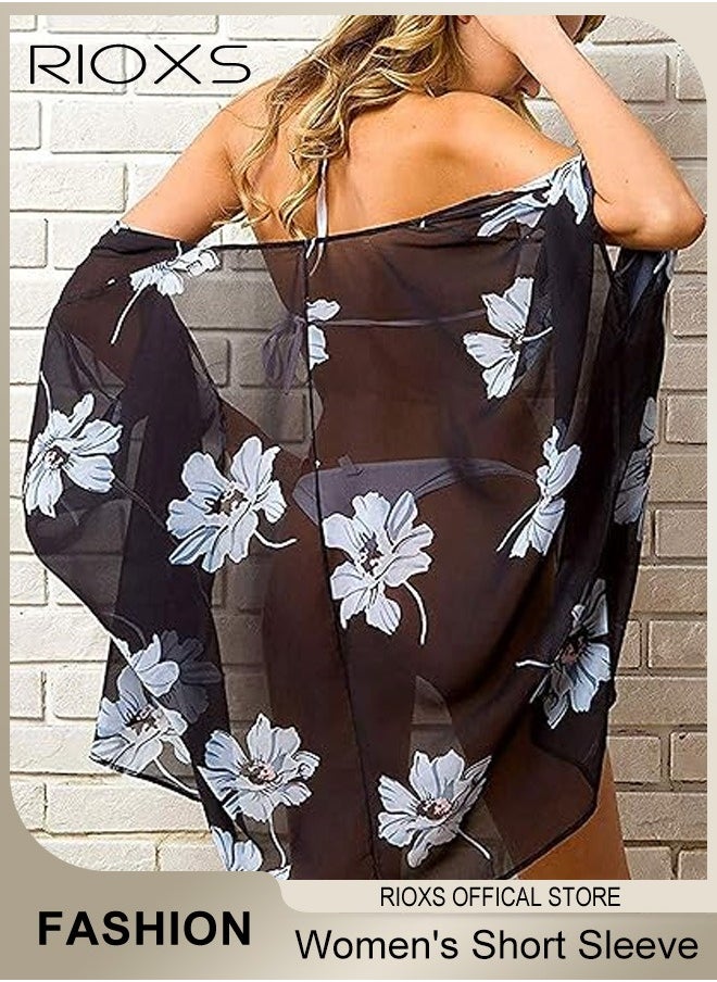 RIOXS - Women Casual Floral Print Beach Cover Ups Short Sleeve Kimono Cardigan Loose Beach Swimsuit Dress - Image 1