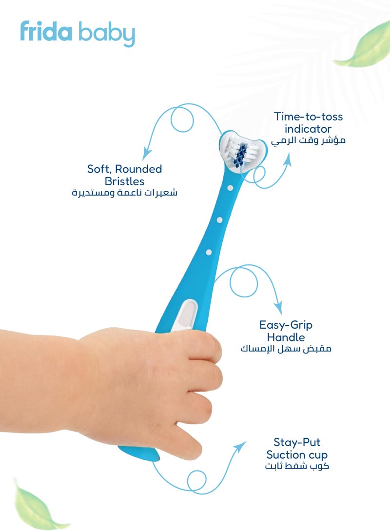 fridababy Triple-Angle Toothhugger Training Toothbrush – Toddler Oral Care, Soft Bristles, 3-Sided Cleaning, Easy Grip, Suction Base, Blue Bristles Fade for Replacement Reminder - Image 3