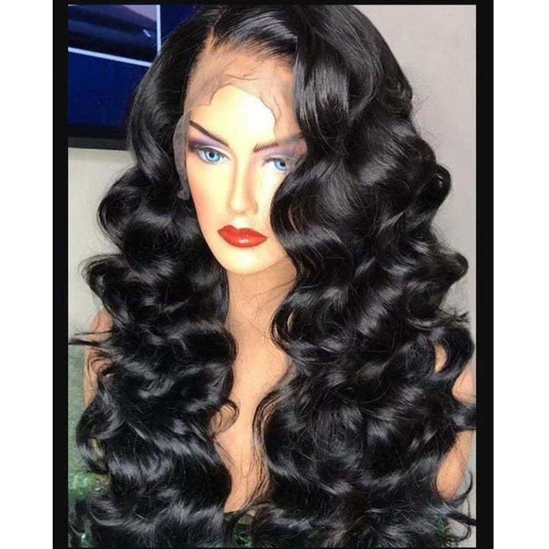 Hair Loose Wavy Synthetic Lace Front Wigs for Black Women High Density Bouncy Curly Wavy Synthetic Wig Heat Resistant Fiber Front Lace Wig Right Side Part 22 Inches