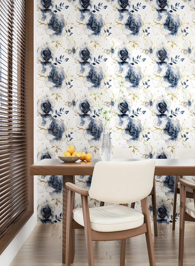 Fvlow White Floral Wallpaper Peel and Stick Watercolor Blue/Golden Flower Contact Paper Modern Wall Paper Waterproof Self-Adhesive Wall Covering for Bedroom Countertop Desk Cabinets Decor 17.4" x 118" - Image 2