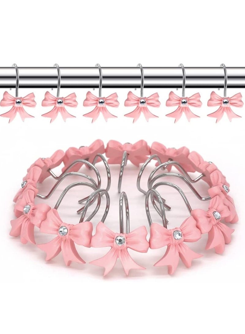 Mmmon 12Pcs Decorative Shower Curtain Hooks, Pink Bow Knot Curtain Hooks Shower Rings, Stylish and DurableStainless Steel Pink Bow Shower Curtain Hooks - Image 1