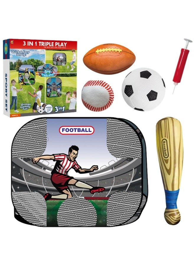 Home Smart Home Smart Rugby Soccer and Baseball 3 in 1 games for toddlers 3 in 1game set includes rugby ball, soccer ball, baseball ball baseball bat hand air pump and 3in1 tent perfect for gift.  - Image 1
