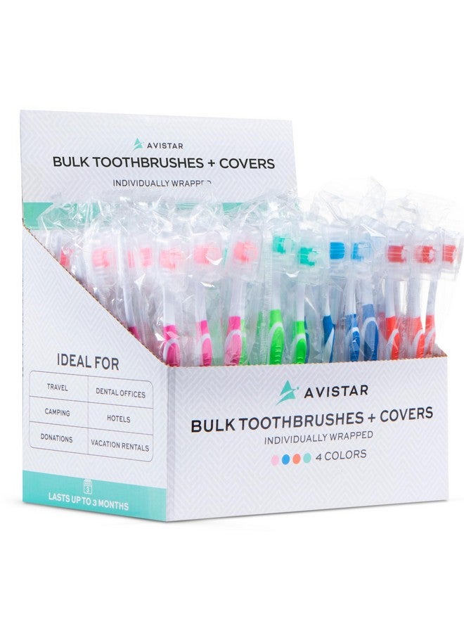Avistar 104 Pack Bulk Toothbrushes w/Cover Caps, Individually Wrapped Disposable Travel Toothbrush, Value Size, Long Lasting 3+ Months, Med-Soft Manual Teeth Brush Bristles, 4 Colors (Red Green Blue Pink) - Image 1