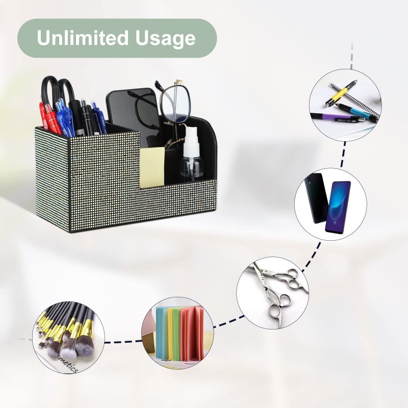KEYPOWER Desk Pen Pencil Holder Bling Pasted Rhinestones Paper Stationery Storage Box, Multi-functional Organizer for Pen,Pencil,Cell phone,Business Name Cards,Eye Glasses,Remote Control Holder (Color) - Image 3