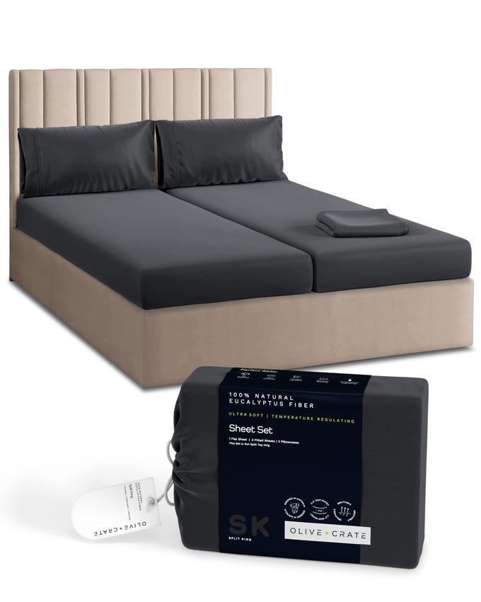 OLIVE CRATE EUCALYPTUS SHEETS SET COOLING SHEETS FOR HOT SLEEPERS 100 ORGANIC TENCEL LYOCELL SPLIT KING SIZE HYPOALLERGENIC MOISTUREWICKING DEEP POCKETS SOFT DURABLE 107 X 106 CHARCOAL