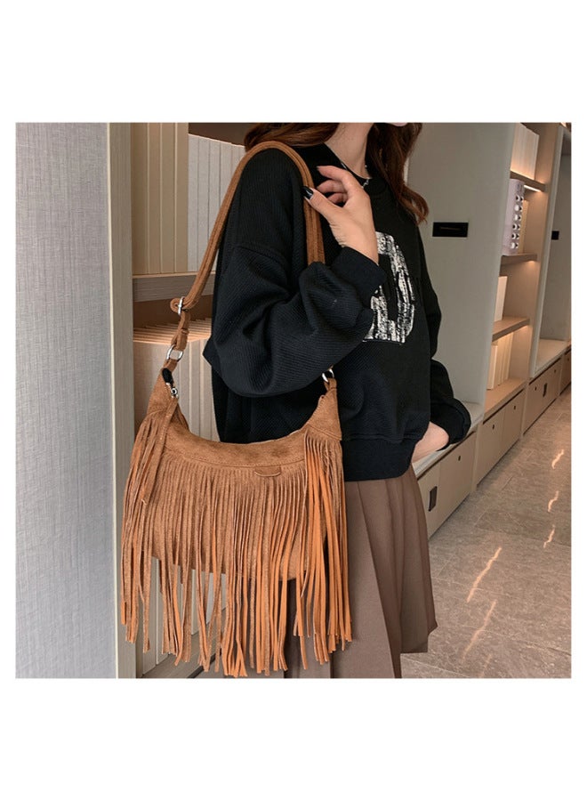 High-looking Bag For Women 2023 Korean Style Retro Fashion Shoulder Messenger Bag Internet Celebrity Textured Portable Tassel Bag-Color:Brown - Image 1