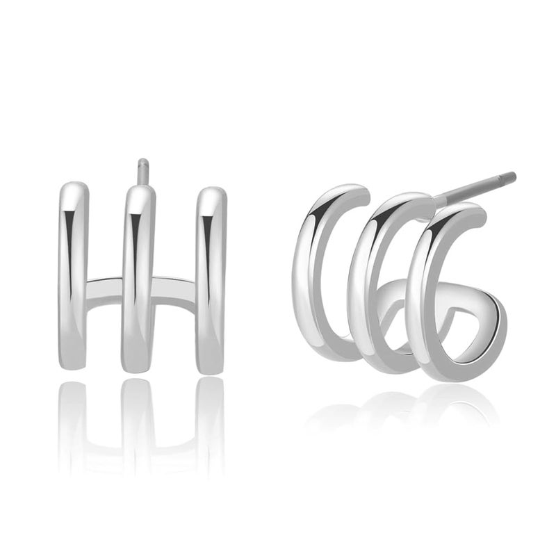 Obidos 14K Gold Plated Illusion Stud Earrings for Women | Triple Huggie Hoop Earrings for One Holeâ€¦ (Plated White)