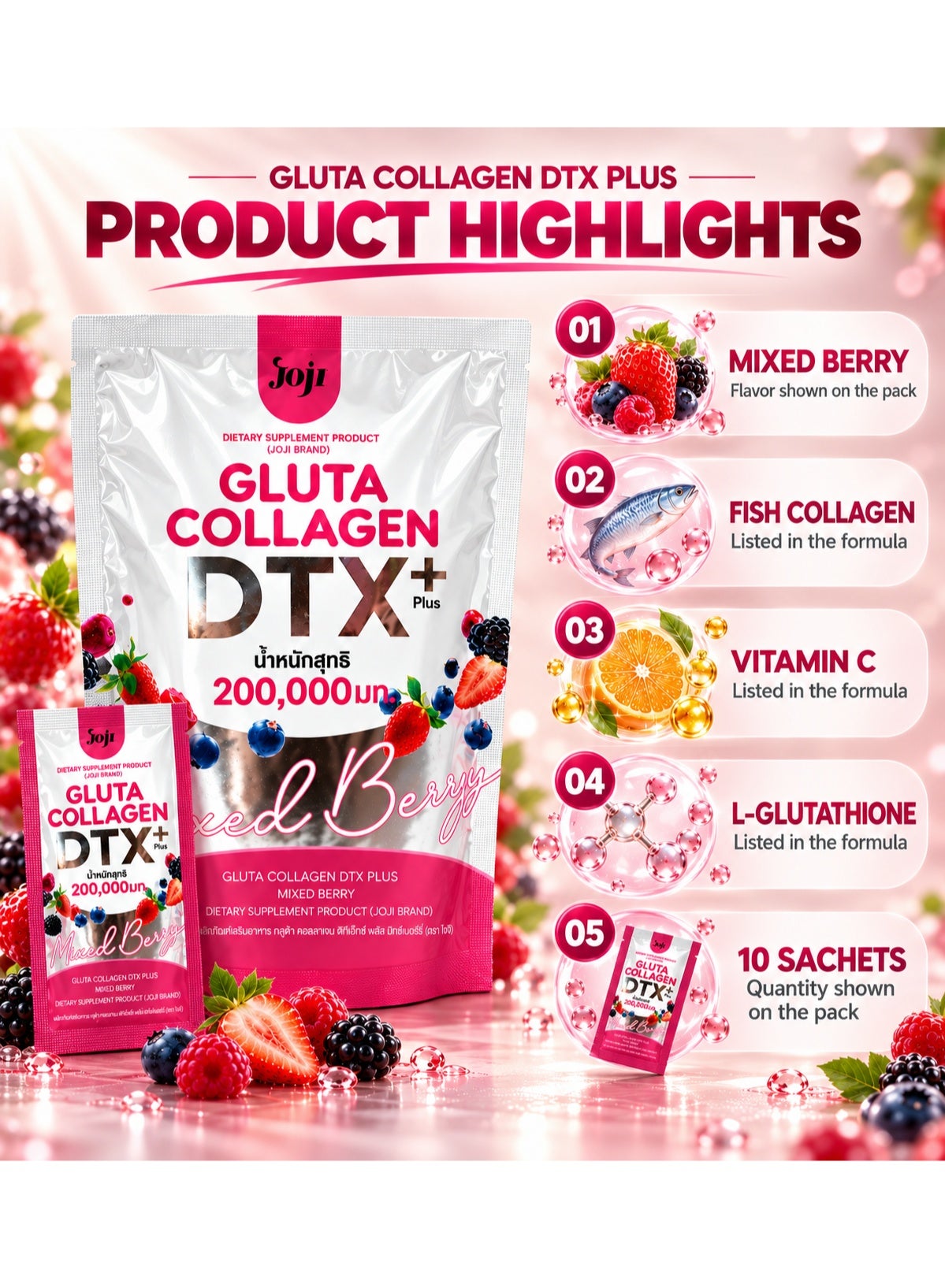 Joji Berry Gluta Collagen DTX Drink Sachets 10Pcs