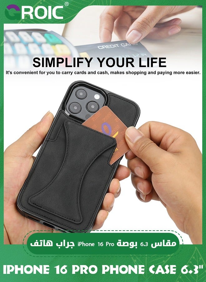 GROIC Case for iPhone 16 Pro 6.3 Inches Case, Slim PU Leather Wallet Case Credit Card Slot Holder Lightweight Protective Anti-Fall Kickstand Skin PU Leather TPU Back Cover with Folding Kickstand - Image 3