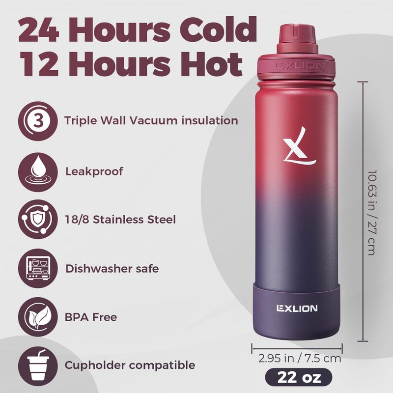 Lexlion Tea Infuser Water Bottle 22 Oz â€“ Triple Wall Insulated Stainless Steel, Loose Leaf & Fruit Strainer, 3 Leakproof Lids, BPA-Free Silicone Sleeve, Reusable Thermal Mug - Image 2