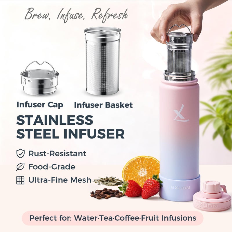 Lexlion Tea Infuser Water Bottle 22 Oz â€“ Triple Wall Insulated Stainless Steel, Loose Leaf & Fruit Strainer, 3 Leakproof Lids, BPA-Free Silicone Sleeve, Reusable Thermal Mug - Image 3
