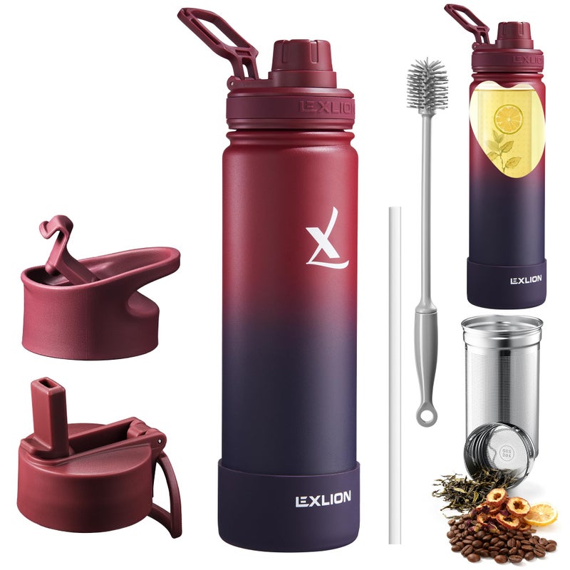 Lexlion Tea Infuser Water Bottle 22 Oz â€“ Triple Wall Insulated Stainless Steel, Loose Leaf & Fruit Strainer, 3 Leakproof Lids, BPA-Free Silicone Sleeve, Reusable Thermal Mug - Image 1