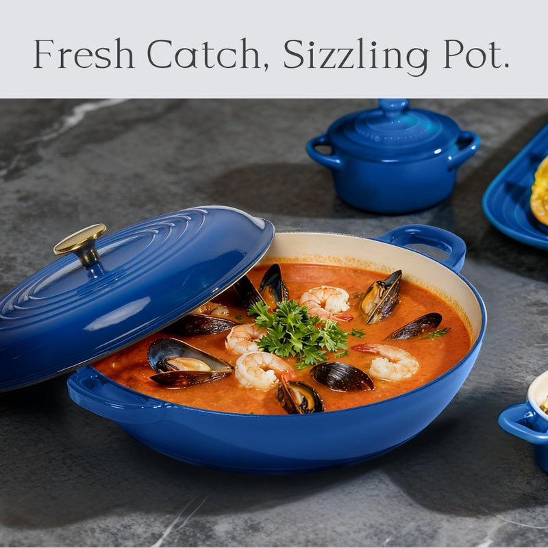 CAROTE 3.4QT Enameled Cast Iron Braiser Pan, Shallow Dutch Oven Casserole Skillets, Non-Toxic Cast Iron Pot with Lid for Grilling, Searing, Baking, Dual Handles, All Stovetop Compatible, Blue - Image 4