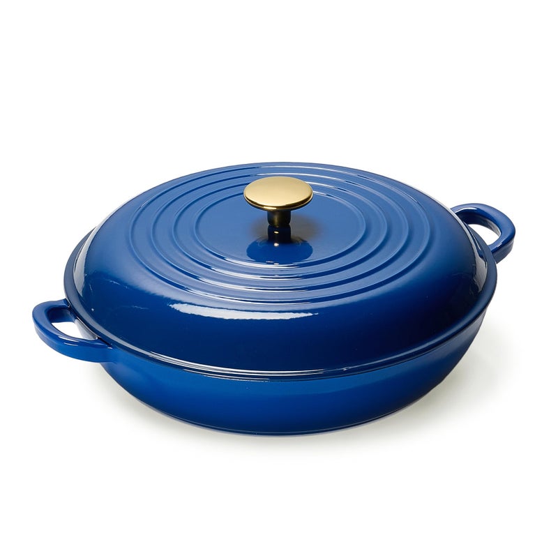 CAROTE 3.4QT Enameled Cast Iron Braiser Pan, Shallow Dutch Oven Casserole Skillets, Non-Toxic Cast Iron Pot with Lid for Grilling, Searing, Baking, Dual Handles, All Stovetop Compatible, Blue - Image 1