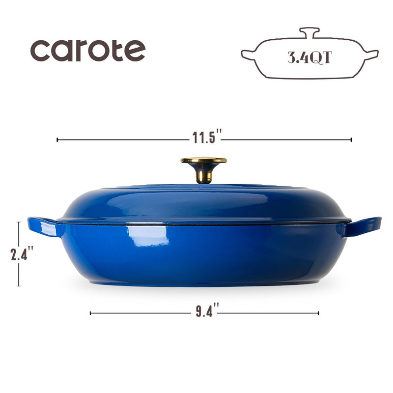 CAROTE 3.4QT Enameled Cast Iron Braiser Pan, Shallow Dutch Oven Casserole Skillets, Non-Toxic Cast Iron Pot with Lid for Grilling, Searing, Baking, Dual Handles, All Stovetop Compatible, Blue - Image 2
