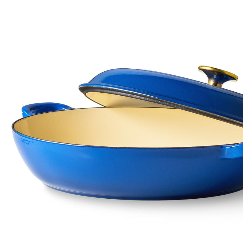 CAROTE 3.4QT Enameled Cast Iron Braiser Pan, Shallow Dutch Oven Casserole Skillets, Non-Toxic Cast Iron Pot with Lid for Grilling, Searing, Baking, Dual Handles, All Stovetop Compatible, Blue - Image 3