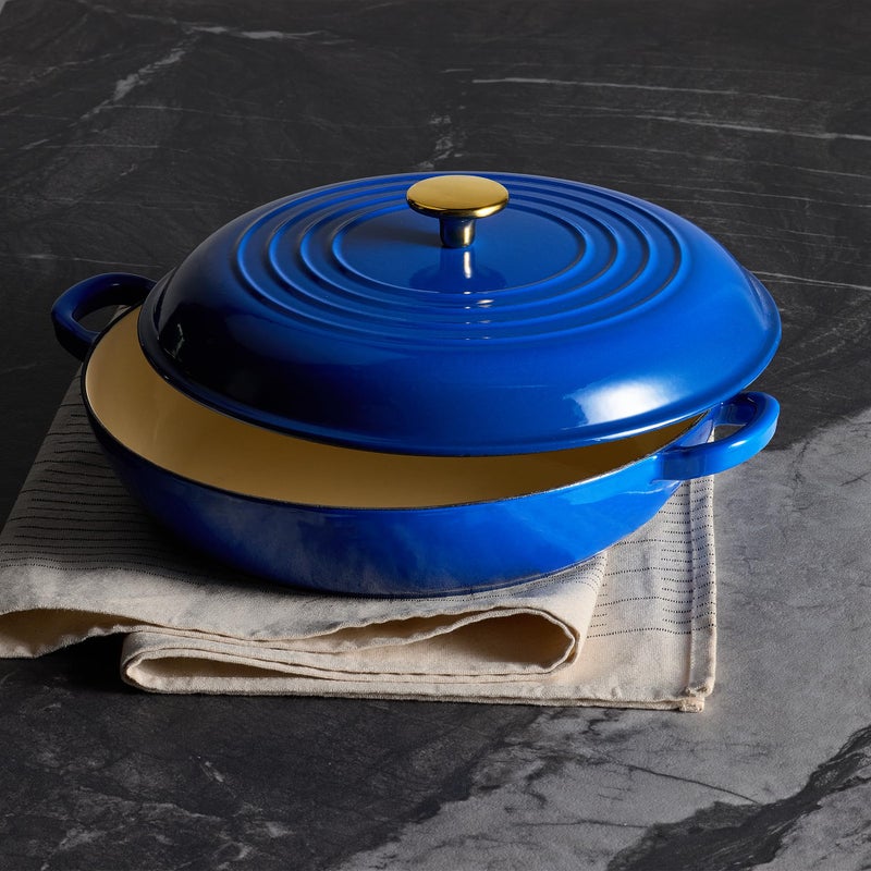 CAROTE 3.4QT Enameled Cast Iron Braiser Pan, Shallow Dutch Oven Casserole Skillets, Non-Toxic Cast Iron Pot with Lid for Grilling, Searing, Baking, Dual Handles, All Stovetop Compatible, Blue - Image 5