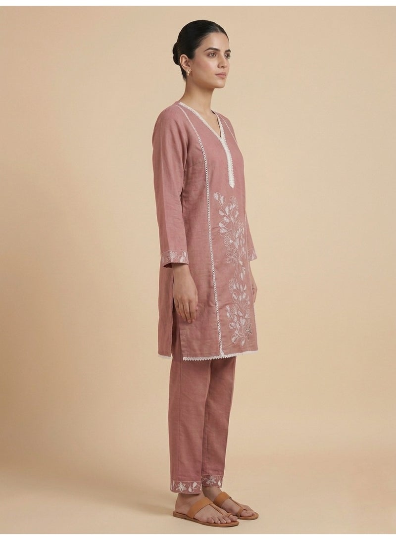 Lucky Kids Dusty Mauve Linen Embroidered Kurta & Trouser Set - Image 3