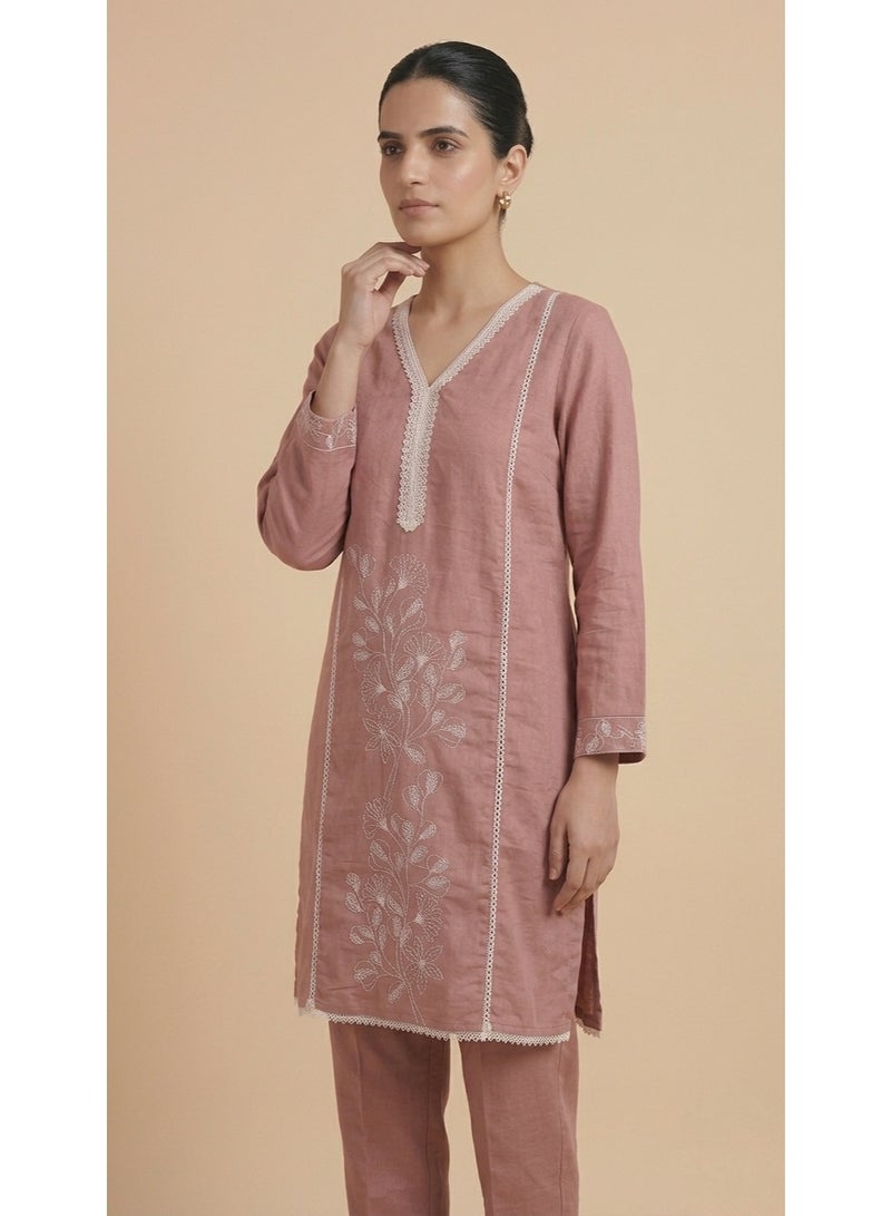 Lucky Kids Dusty Mauve Linen Embroidered Kurta & Trouser Set - Image 2