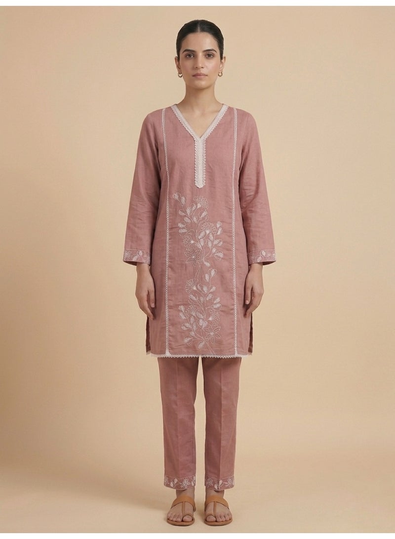 Lucky Kids Dusty Mauve Linen Embroidered Kurta & Trouser Set - Image 1