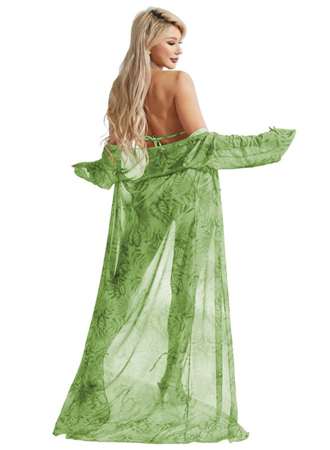MARGOUN Small Size Three-piece Digital Printing Bikini Ladies Beach Sunscreen Blouse Swimsuit Long Lace Dress Sheer Dress Sheer Kimono Dress Green / L (Lower Bust 74/Waist 74-78) - Image 5
