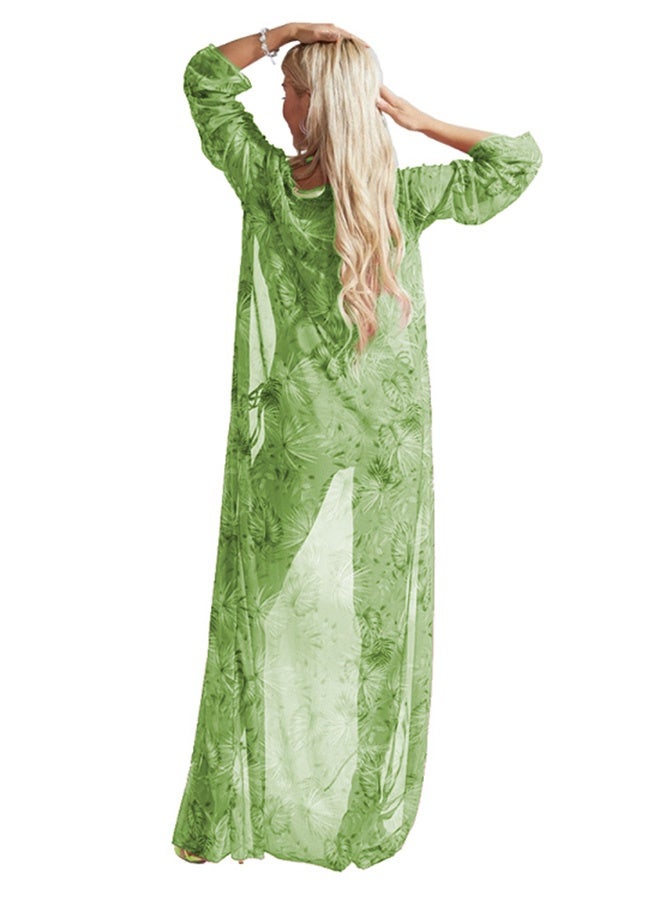 MARGOUN Small Size Three-piece Digital Printing Bikini Ladies Beach Sunscreen Blouse Swimsuit Long Lace Dress Sheer Dress Sheer Kimono Dress Green / L (Lower Bust 74/Waist 74-78) - Image 4