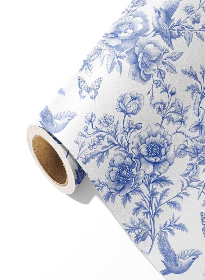 Vnaaem Blue FLoral Wrapping Paper Roll - Toile White & Blue Flower, Bird, Butterfly Design Gift Wrap for Spring Holiday Birthday Wedding Party Bridal Shower Mother's Day(Total 28.5 sq.ft - Image 2