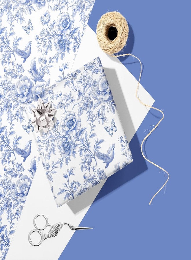 Vnaaem Blue FLoral Wrapping Paper Roll - Toile White & Blue Flower, Bird, Butterfly Design Gift Wrap for Spring Holiday Birthday Wedding Party Bridal Shower Mother's Day(Total 28.5 sq.ft - Image 4