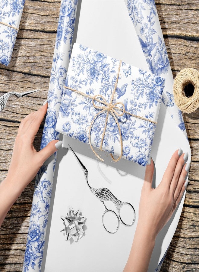 Vnaaem Blue FLoral Wrapping Paper Roll - Toile White & Blue Flower, Bird, Butterfly Design Gift Wrap for Spring Holiday Birthday Wedding Party Bridal Shower Mother's Day(Total 28.5 sq.ft - Image 3