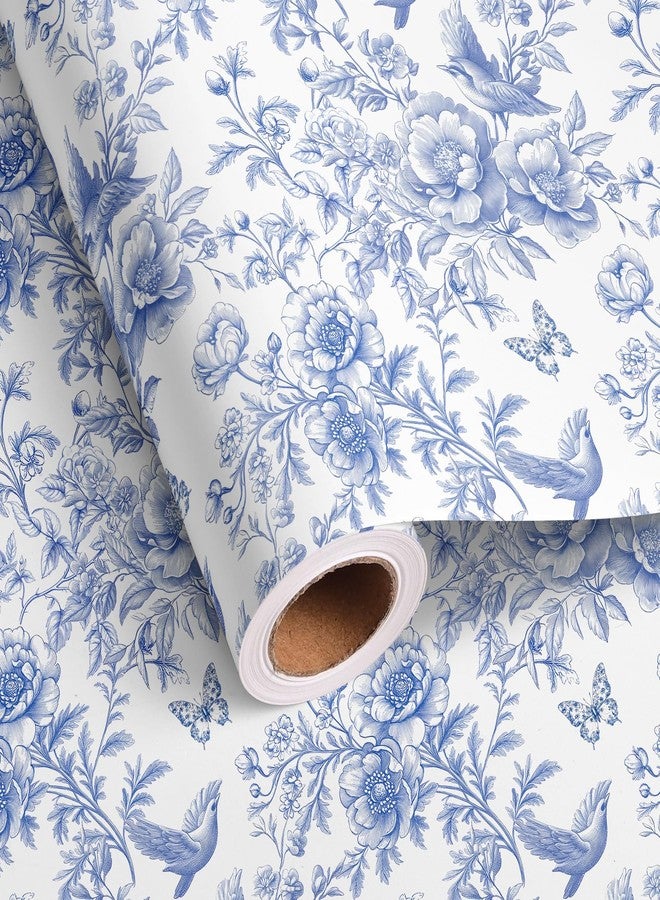 Vnaaem Blue FLoral Wrapping Paper Roll - Toile White & Blue Flower, Bird, Butterfly Design Gift Wrap for Spring Holiday Birthday Wedding Party Bridal Shower Mother's Day(Total 28.5 sq.ft - Image 1
