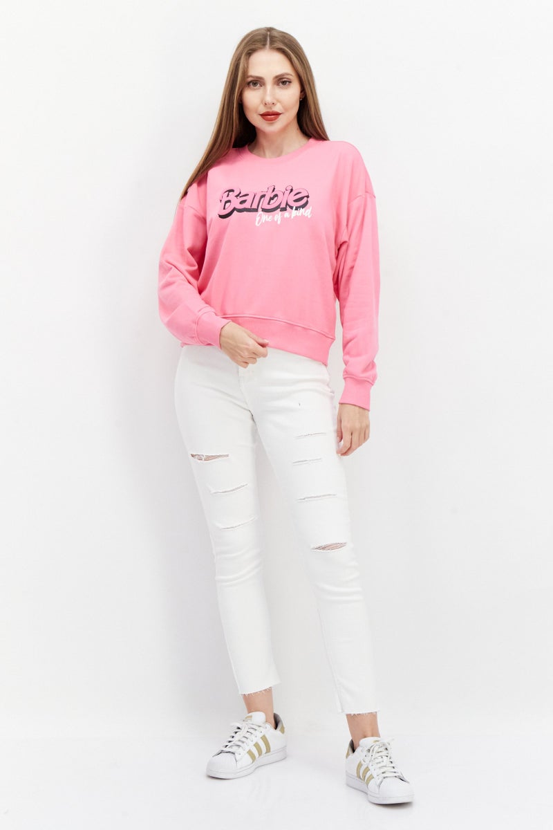 Barbie سويت شيرت نسائي بأكمام طويلة وياقة دائرية مزخرف برسومات، وردي - Image 3