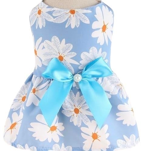KUTKUT Small Girl Dog & Cat Flower Pattern Dress with Lovely Bow Pet Apparel | Puppy Dress Birthday Pet Apparel Dresses | Frock Dresses for Shihtzu, Pug, Lhasa Apso etc (Size: XL, Bust: 50cm) - Image 2