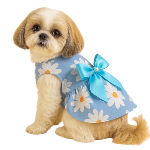 KUTKUT Small Girl Dog & Cat Flower Pattern Dress with Lovely Bow Pet Apparel | Puppy Dress Birthday Pet Apparel Dresses | Frock Dresses for Shihtzu, Pug, Lhasa Apso etc (Size: XL, Bust: 50cm) - Image 1