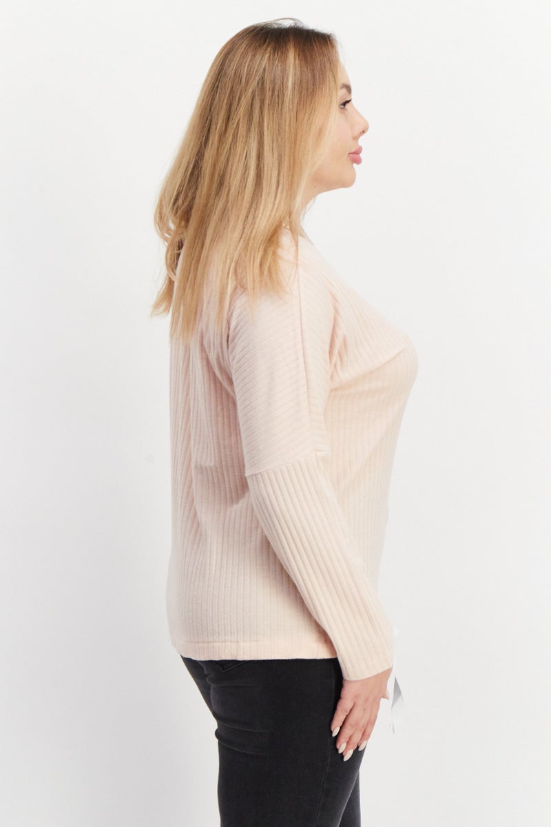 dagi Women Round Neck Long Sleeve Ribbed Sweatshirt, Pink - Image 4