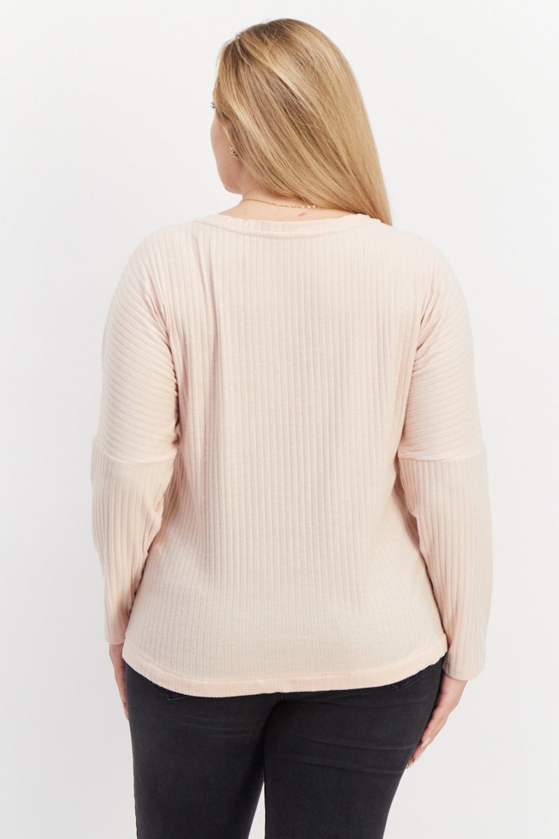 dagi Women Round Neck Long Sleeve Ribbed Sweatshirt, Pink - Image 2