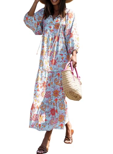 miduo Womens Maxi Dress Short Sleeve V Neck Summer Spring Fashion Loose Floral Beach Bohemian Long Maxi Dresses XL - Image 1