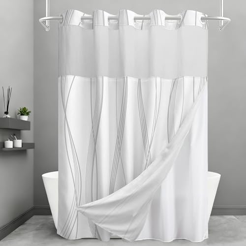 TWLSNCD No Hook Shower Curtain and Liner Set, Grey Striped Shower Curtains with Snap in Fabric Liner, Hotel Ringless Waterproof Washable with See Through Top Window, 71" x 74" - Image 1