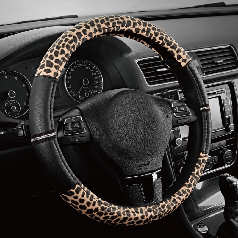 Road Comforts Leopard Steering Wheel Cover - Made with PVC Leather Cheetah Print - Anti-Slip, Universal Fit 14 1/2 inches to 15 inches - Black - Image 1