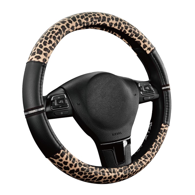 Road Comforts Leopard Steering Wheel Cover - Made with PVC Leather Cheetah Print - Anti-Slip, Universal Fit 14 1/2 inches to 15 inches - Black - Image 2