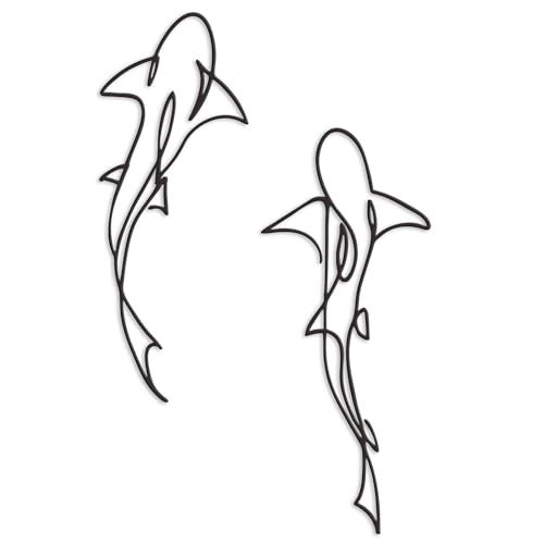Xedatric Metal Fish Wall Decor Nautical Shark Room Art Abstract Line Shark Design for CoastalThemed Interiorsset of 2Black - Image 1