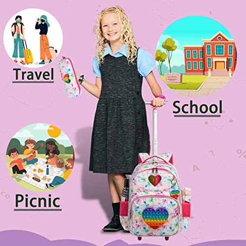 Meetbelify Rolling Backpack for Girls Wheels Backpacks for Elementary Student Kids Wheeled Trolley Trip Luggage for Teen Girls with Lunch Box Pencil Case - Image 3