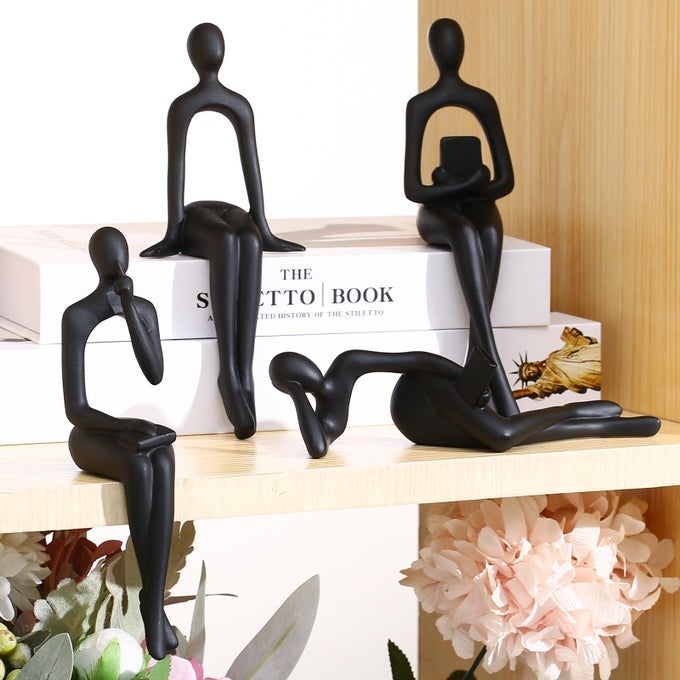 Bookshelf Decor Black Thinker Statue Figurines Set of 4Decorate Your Home Office or Shelf with Abstract Art Sculptures Deal for Birthday Christmas Thanksgiving Mom Gifts