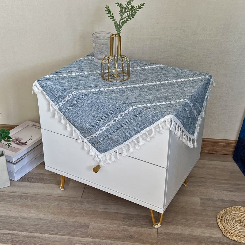 Hpxrom Hpxrom Rustic Bedside Square Small Tablecloth Striped Embroidered Washable Blue Table Cover Farmhouse Stitching Tassel Table Cloth for Nightstand Cabinet Tabletop Decoration 24 x 24 Inch 