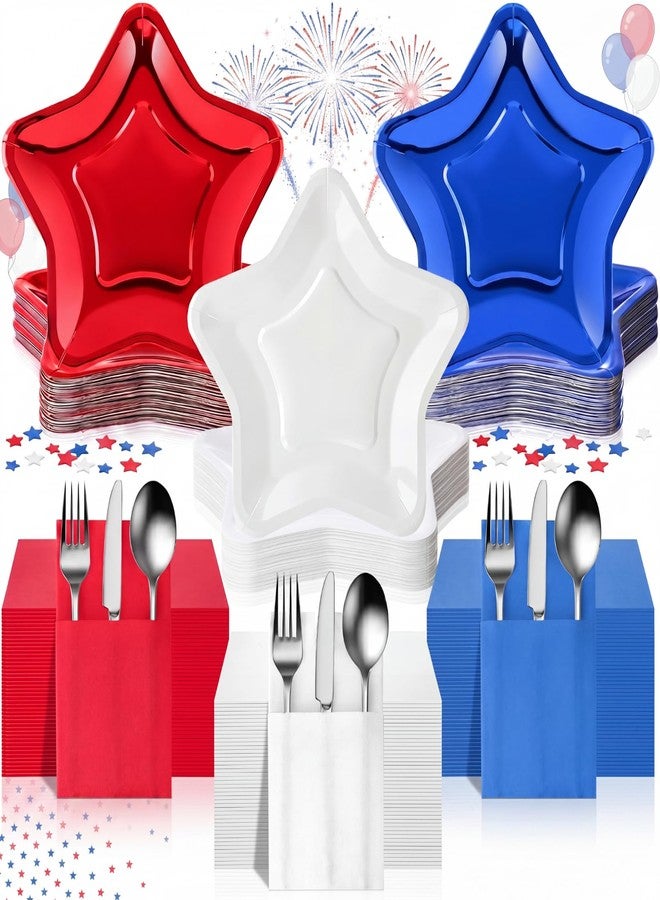 Funnymoom 150 Pcs Patriotic Party Tableware Set Red White Blue Star Shaped Disposable Paper Plates 9.45" with Cutlery Bags, Serves 75 Guests for 4th of July 250th Anniversary Independence Memorial Day - Image 1