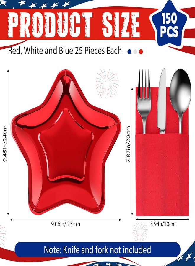 Funnymoom 150 Pcs Patriotic Party Tableware Set Red White Blue Star Shaped Disposable Paper Plates 9.45" with Cutlery Bags, Serves 75 Guests for 4th of July 250th Anniversary Independence Memorial Day - Image 2