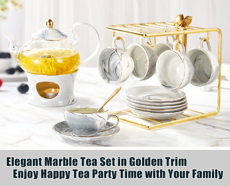DUJUST 21 pcs Small Tea Set of 6, Gray Marble Texture with Handcraft Golden Trim, Fine Porcelain Tea pot Set for Kids&Adults, 1 Glass Teapot(22oz), 6 Cups(4oz), 6 Saucers, 6 Spoons, 1 Shelf&1 Warmer… - Image 2