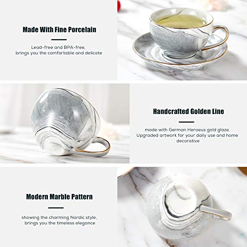 DUJUST 21 pcs Small Tea Set of 6, Gray Marble Texture with Handcraft Golden Trim, Fine Porcelain Tea pot Set for Kids&Adults, 1 Glass Teapot(22oz), 6 Cups(4oz), 6 Saucers, 6 Spoons, 1 Shelf&1 Warmer… - Image 4