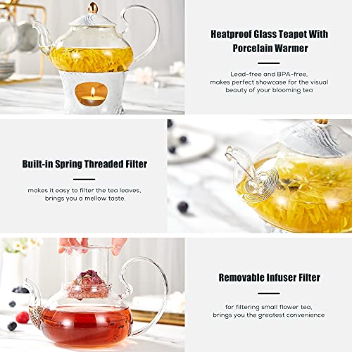 DUJUST 21 pcs Small Tea Set of 6, Gray Marble Texture with Handcraft Golden Trim, Fine Porcelain Tea pot Set for Kids&Adults, 1 Glass Teapot(22oz), 6 Cups(4oz), 6 Saucers, 6 Spoons, 1 Shelf&1 Warmer… - Image 3