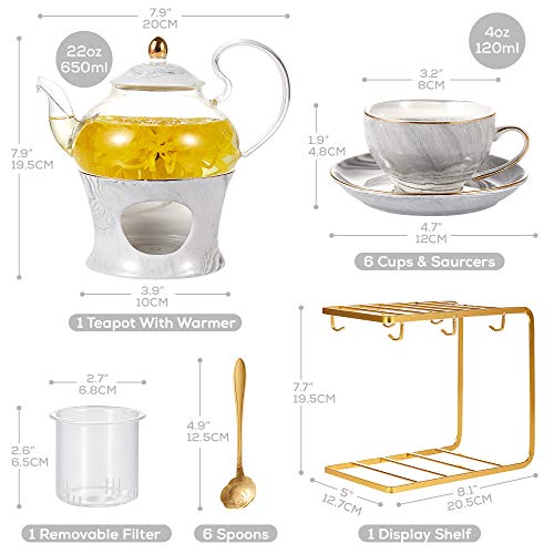 DUJUST 21 pcs Small Tea Set of 6, Gray Marble Texture with Handcraft Golden Trim, Fine Porcelain Tea pot Set for Kids&Adults, 1 Glass Teapot(22oz), 6 Cups(4oz), 6 Saucers, 6 Spoons, 1 Shelf&1 Warmer… - Image 5